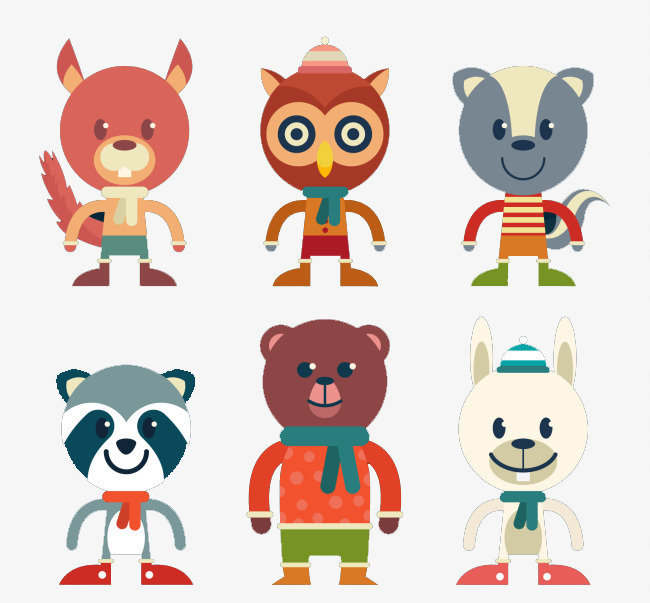 动物角色穿着冬季衣服