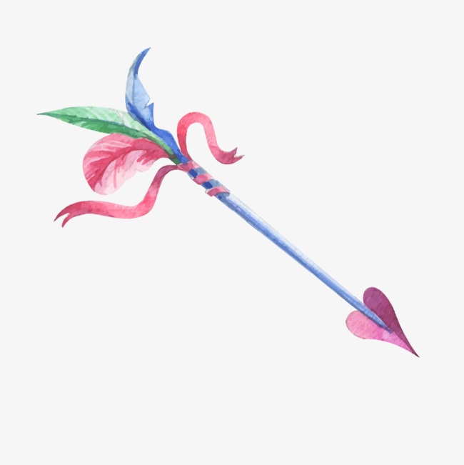 水彩手绘矢量爱心羽毛箭