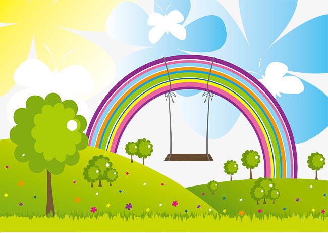 卡通手绘六一儿童节儿童彩虹桥开心玩耍