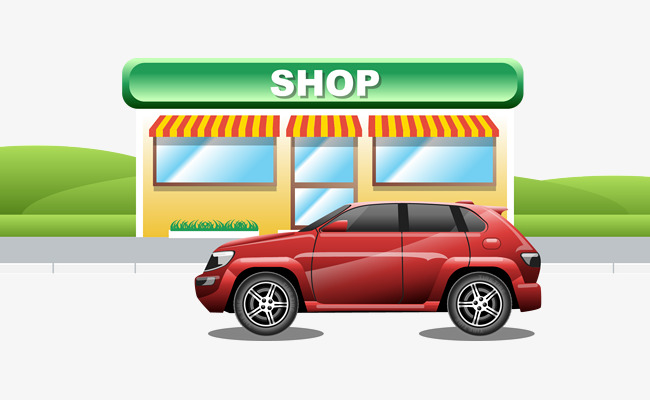 矢量手绘商店门口的小汽车