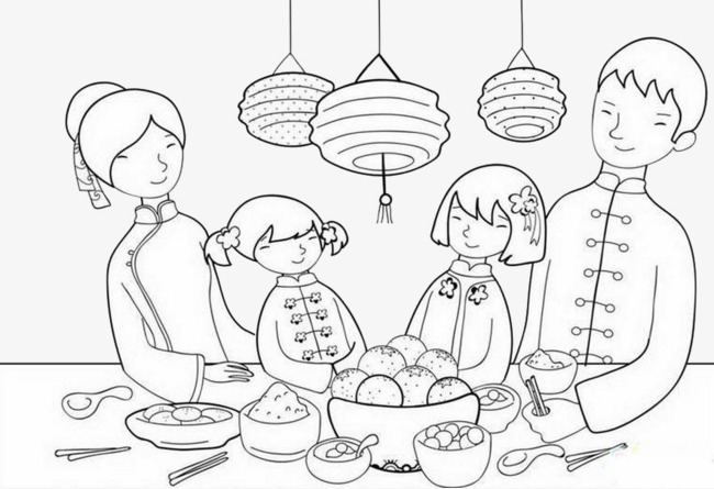 手绘图案一家四口吃饭