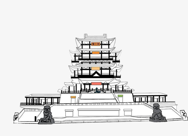 国潮金线地标建筑南昌滕王阁矢量素材