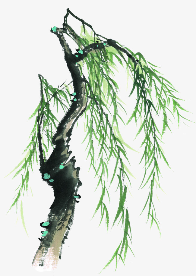 手绘中国风水墨柳树牧牛装饰元素
