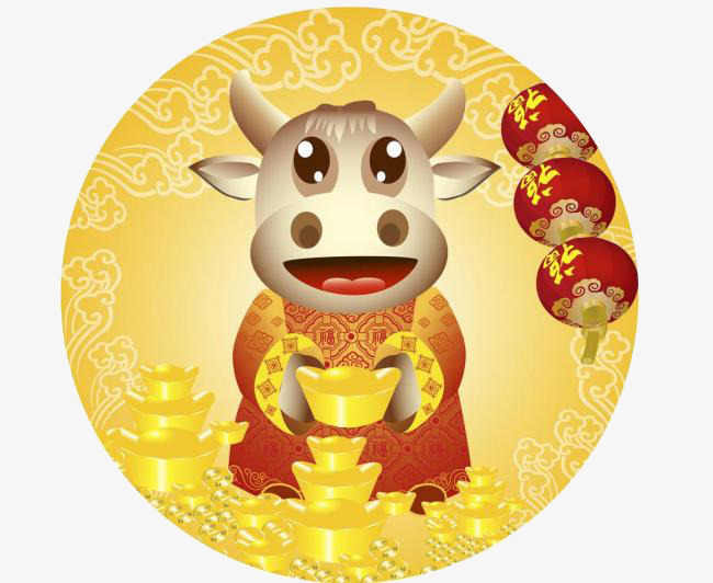 新年牛年红色卡通可爱牛拿着金元宝