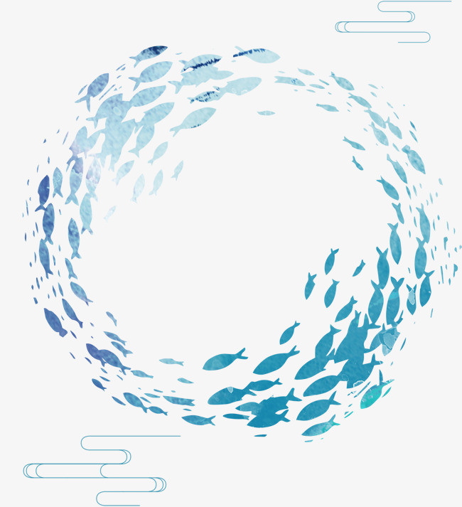 水彩蓝色鱼群剪影背景