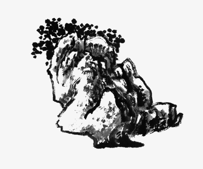 手绘水墨画石头树木