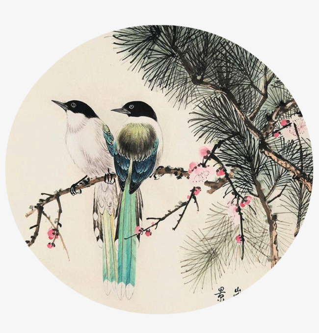 两只鸟儿国画