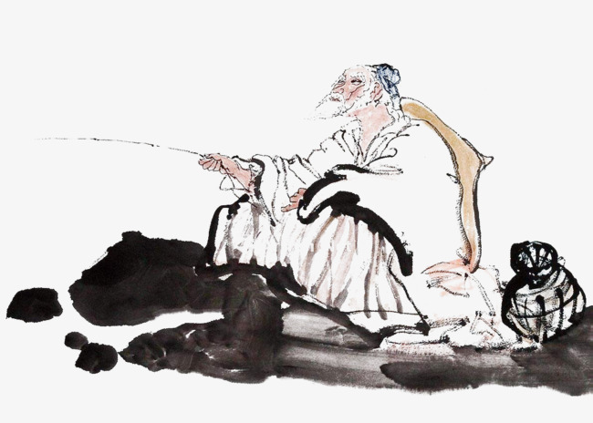 中国风山河江海图和尚垂钓水墨画