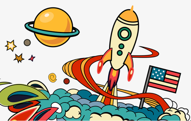 手绘装饰卡通火箭升空素材