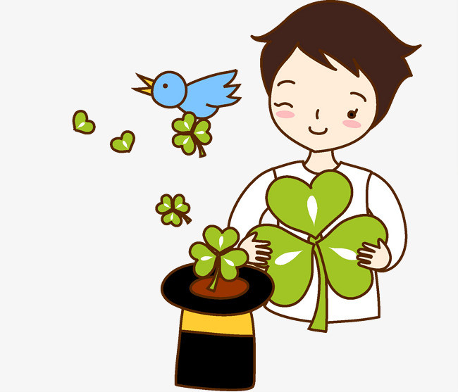 手绘拿四叶草的男生