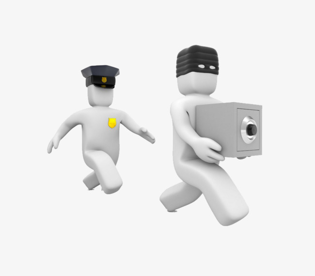卡通3d风格警察追着抱着保险箱逃跑的小偷矢量图案