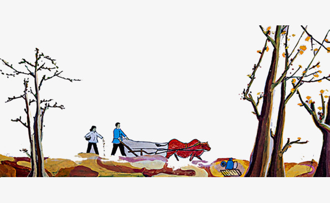 在梯田用牛车耕作的夫妻油画