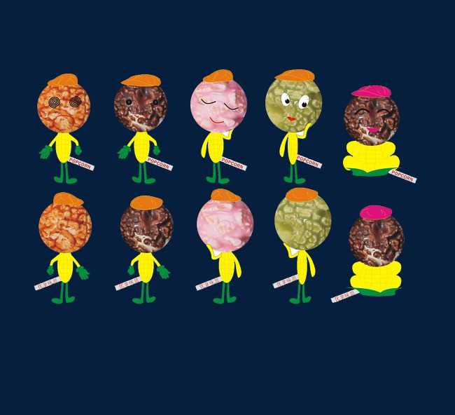 不同颜色的各种拟人球形爆米花