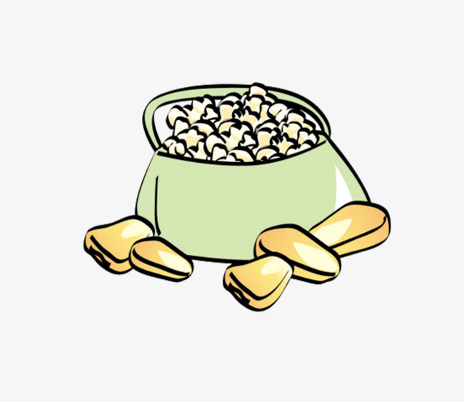 散落的玉米粒和袋子里的爆米花