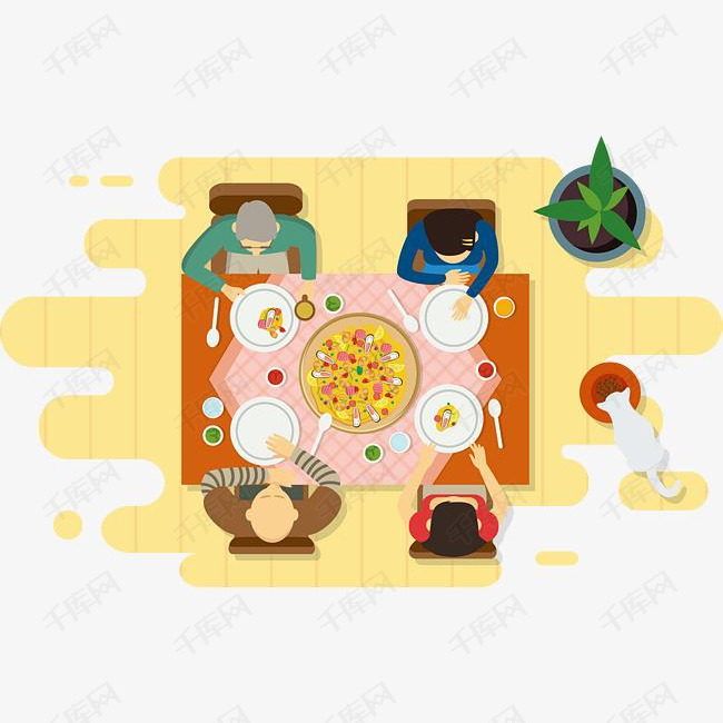 一家人吃饭矢量的素材免抠黄色扁平化卡通美味俯拍一桌饭菜