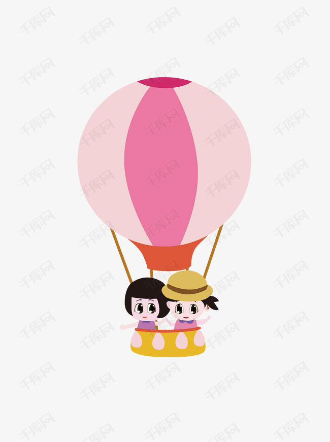 卡通扁平女孩坐在红色热气球上原创元素
