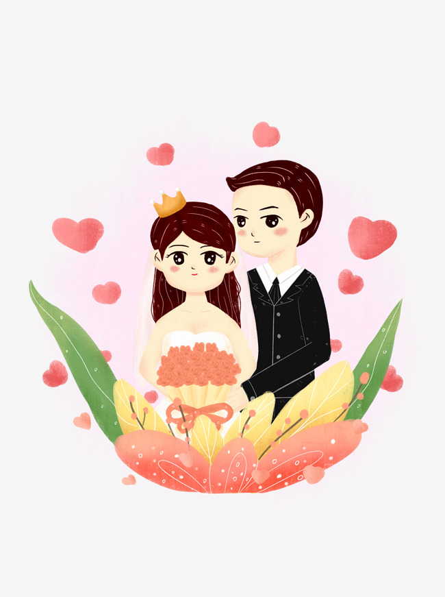 卡通手绘新郎新娘结婚婚礼浪漫唯美爱心素材图