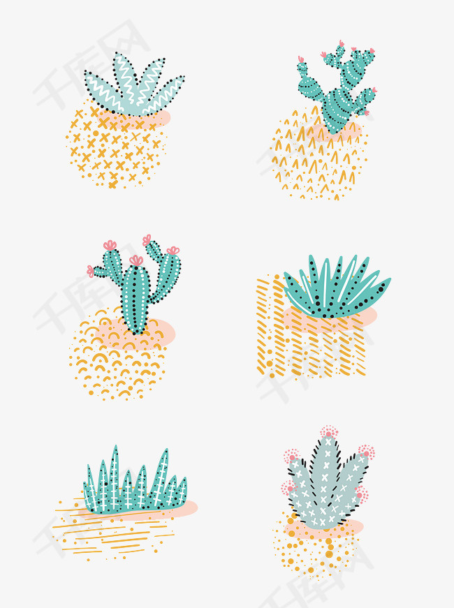 手绘简约唯美小清新植物仙人掌多肉矢量图