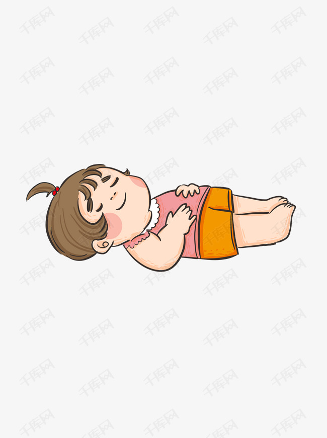 手绘卡通平躺着睡着的小女孩可商用元素