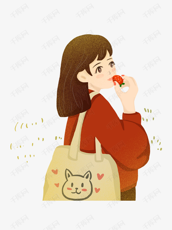 手绘可爱吃草莓的女孩可商用元素
