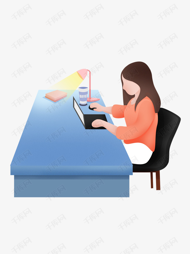 手绘卡通夜晚用笔记本电脑加班工作的美女