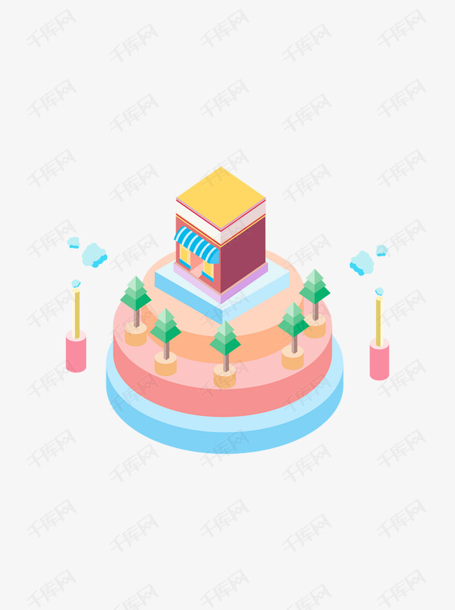 2.5d立体房子树木自然梦幻清新插图