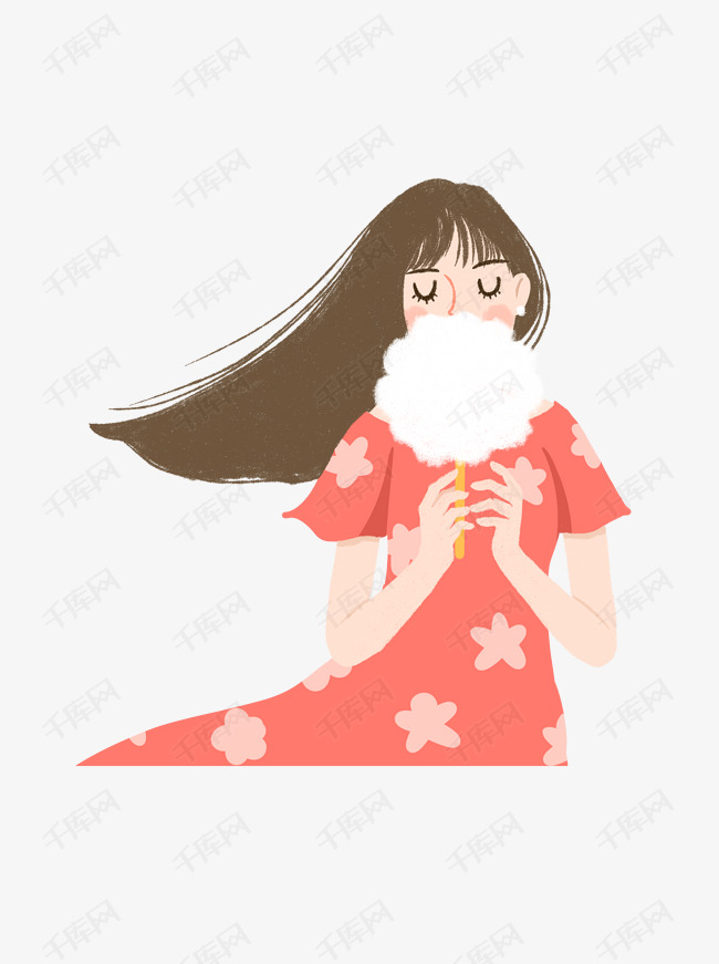 圆扇遮面的闭眼红色长裙卡通少女