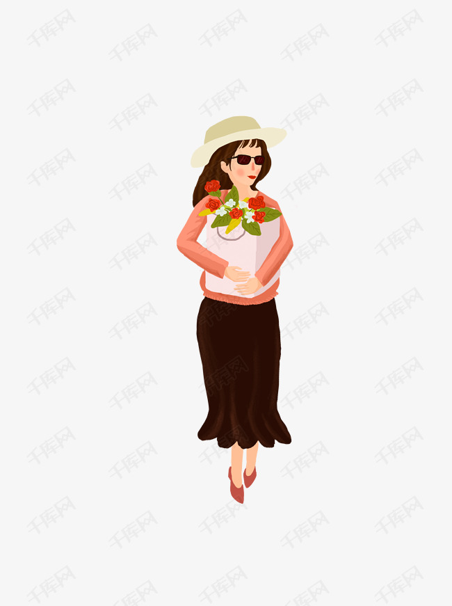 抱着一纸袋鲜花的女子卡通元素
