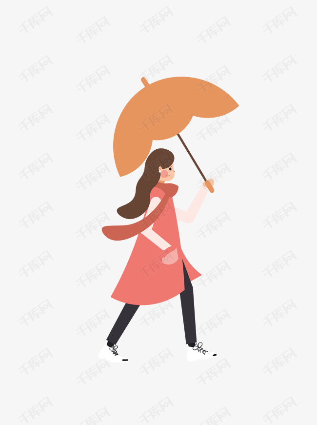 手绘卡通撑雨伞迎风走路的长发美女