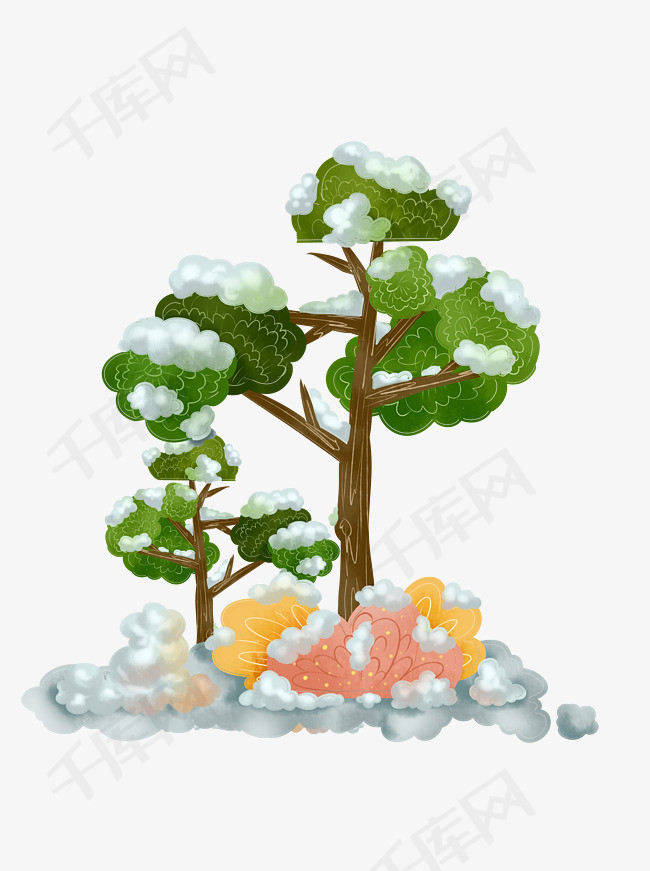商用手绘冬季下雪雪树圣诞节植物元素