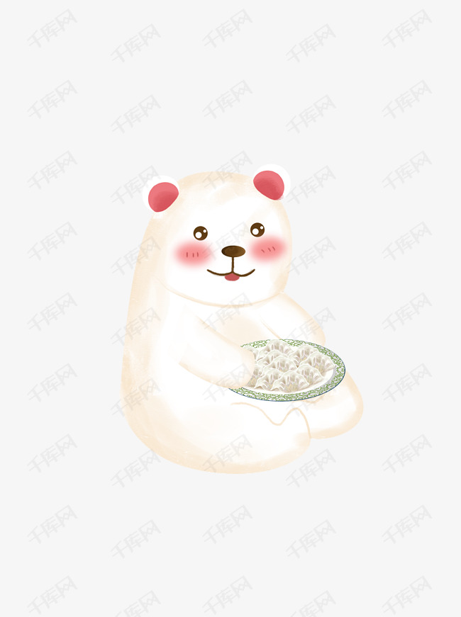 开心吃饺子的北极熊的素材免抠插画元素北极熊吃饺子小清新动物卡通