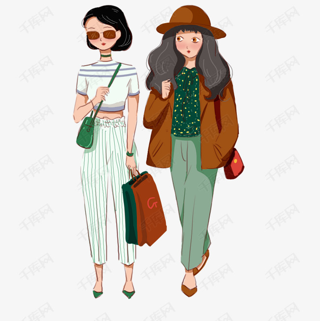 卡通手绘两位个性女孩逛街创意画布
