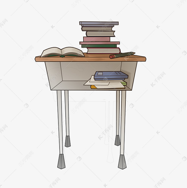 中学课桌书籍高考学习手绘棕色暖色怀旧png免抠