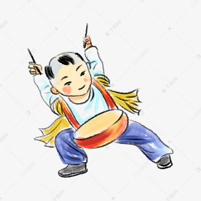 新年打锣鼓的小男孩