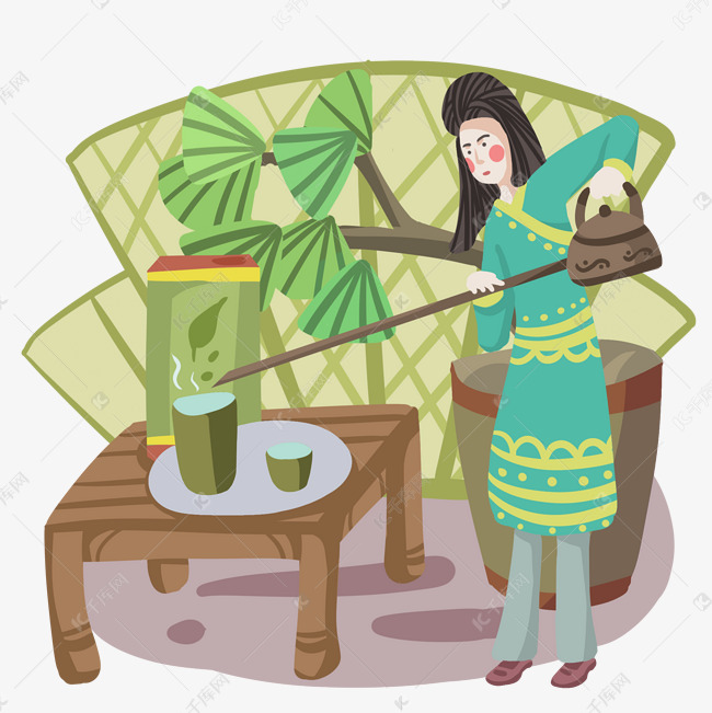 秋季养生卡通手绘风美女泡茶