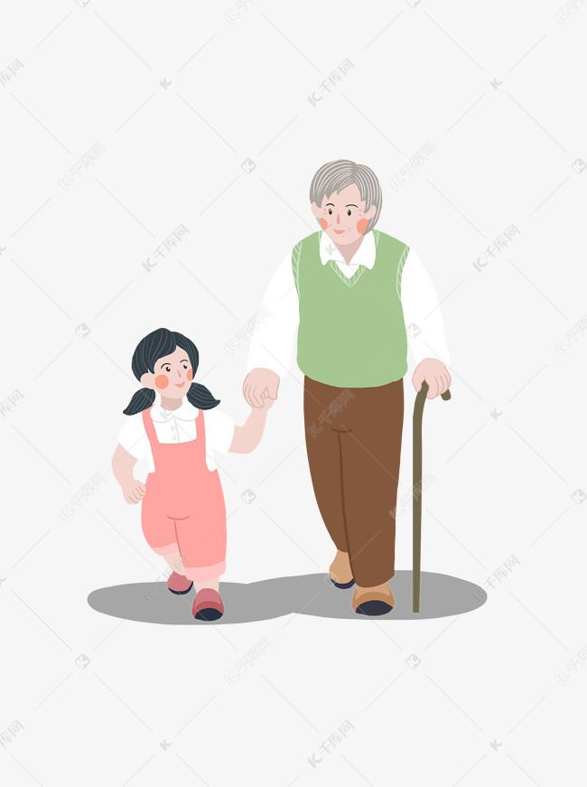 手绘老人牵着孙女的手元素