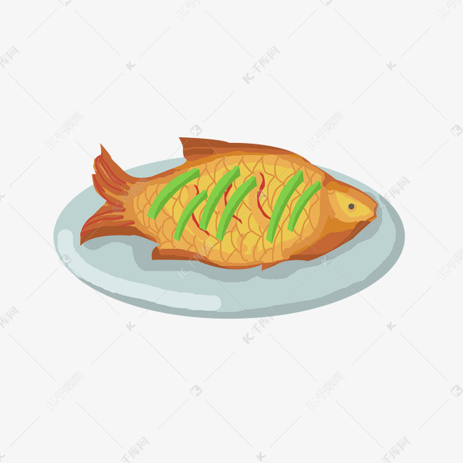 手绘新年红烧鱼插画