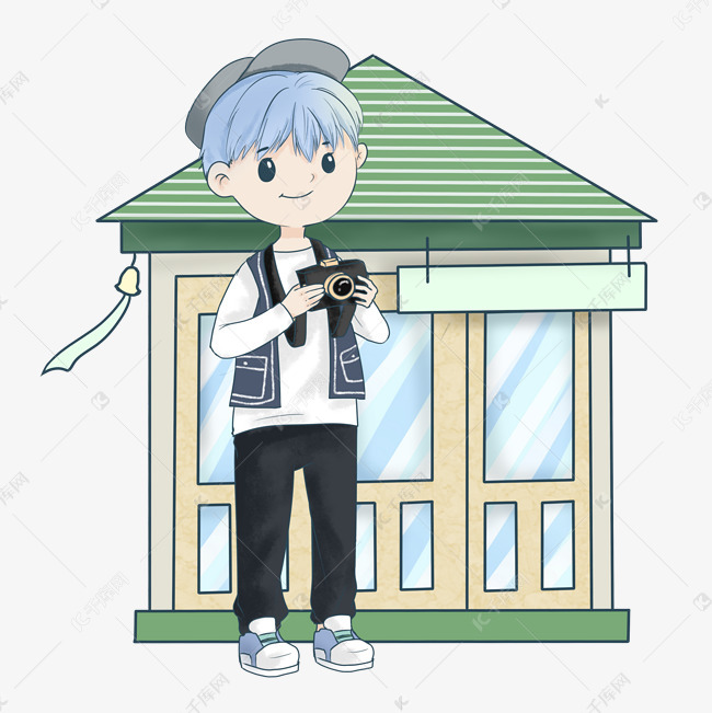 相机拍照小男孩手绘插画