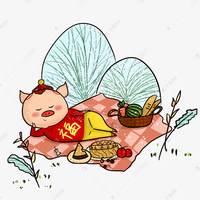 春节喜庆肚兜猪躺卧野餐满足pn