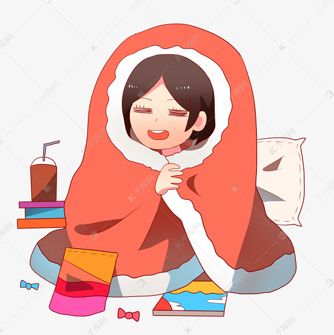 手绘在被窝的宅女插画