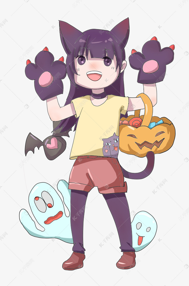 人物猫爪南瓜手绘插画
