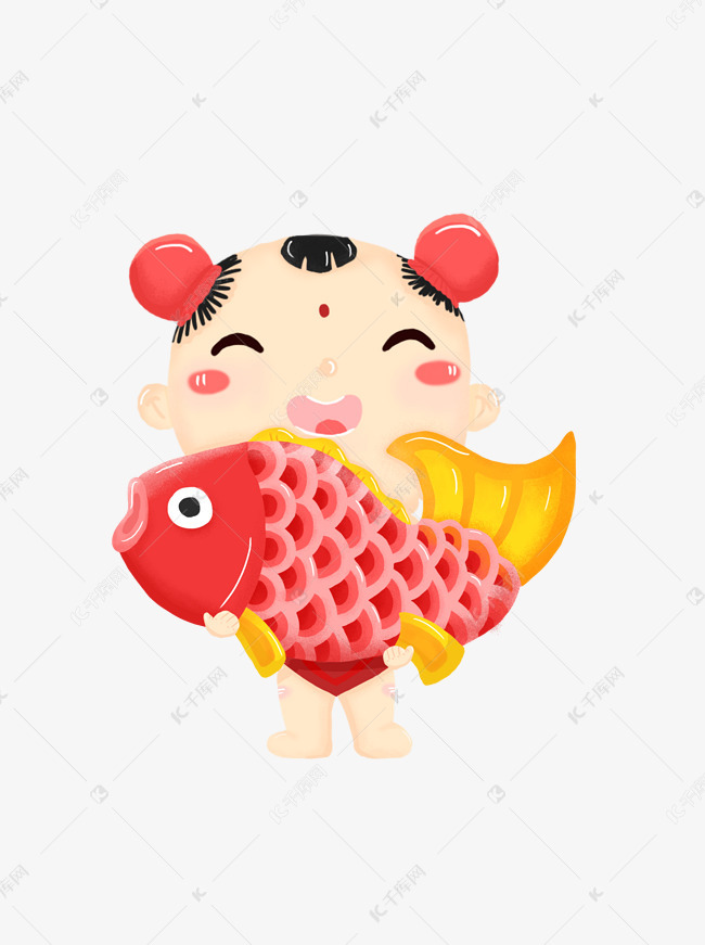 春节娃娃抱鲤鱼手绘