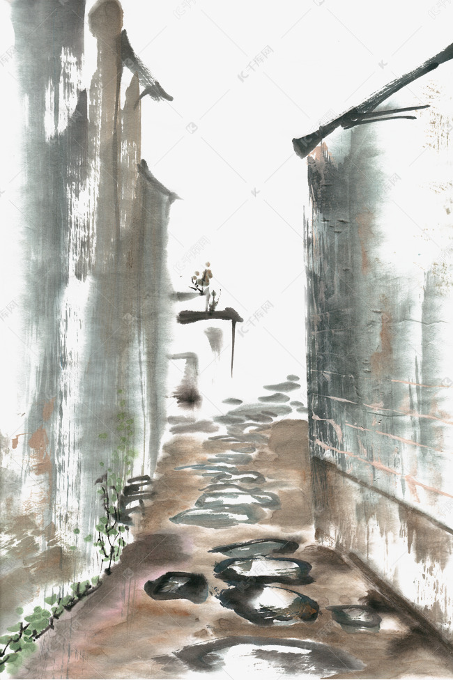 小巷水墨画png免抠素材