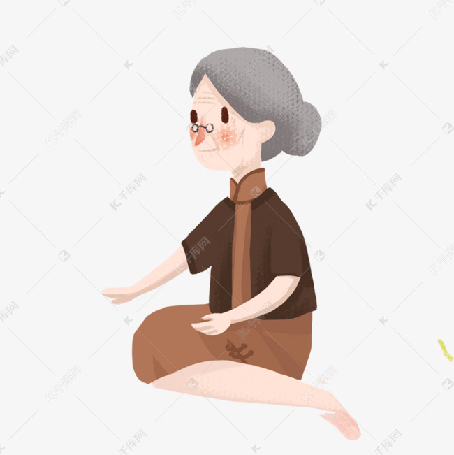 带着老花镜盘腿坐着的奶奶