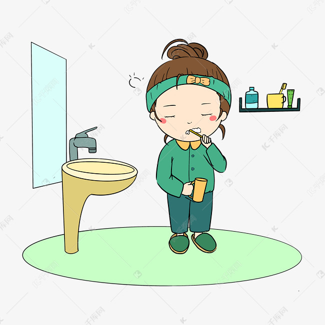 宅在家的小女孩在洗脸刷牙手绘插