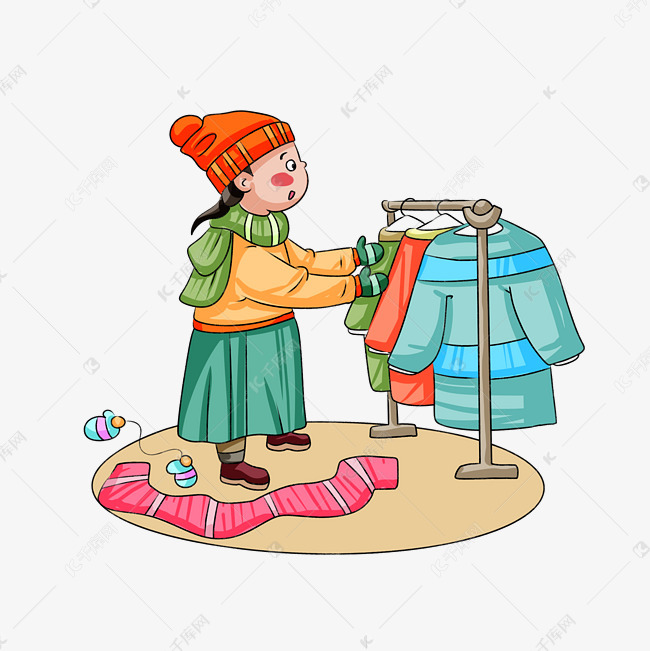 冬季取暖女生羽绒服手绘插画