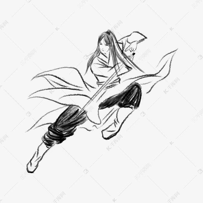 正在舞剑的水墨侠客