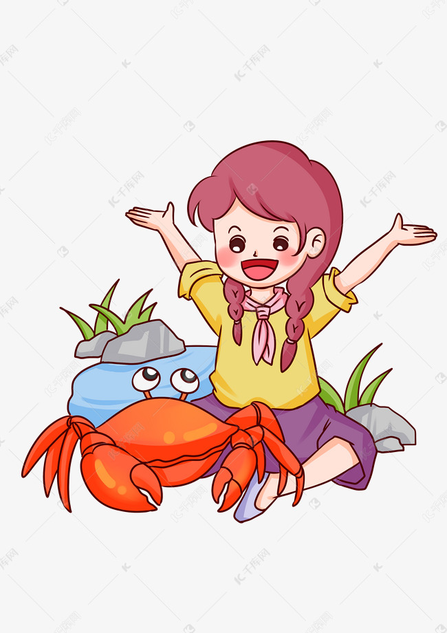 手绘卡通女孩螃蟹插画