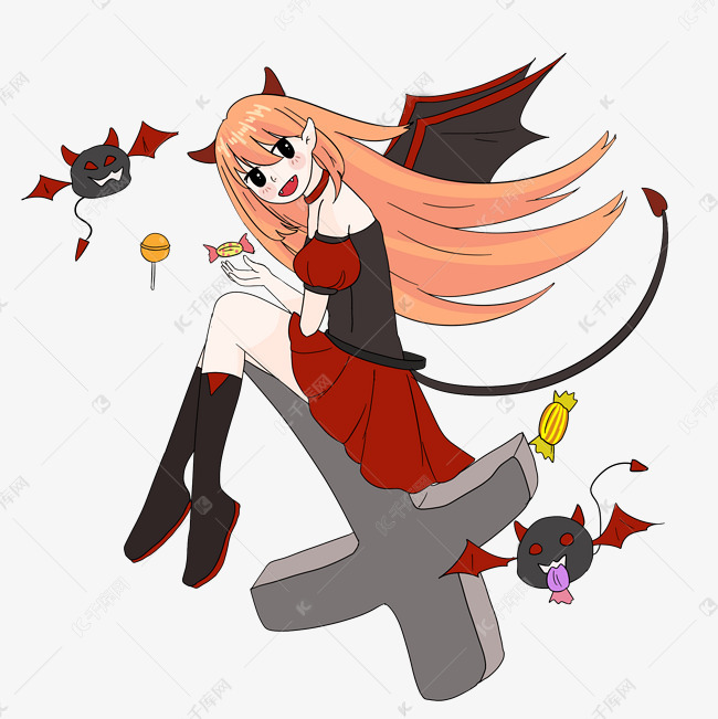 十字碑上的蝙蝠女孩插画