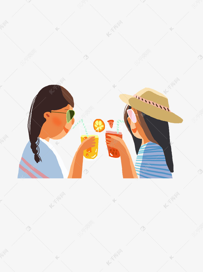 夏日喝果汁对饮的少女